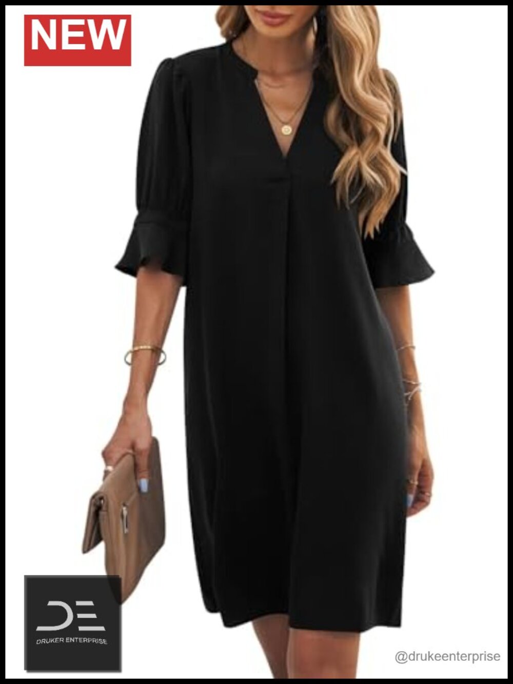 V-Neck Short Sleeve Shift Dress Flowy Summer Dress Polyester
